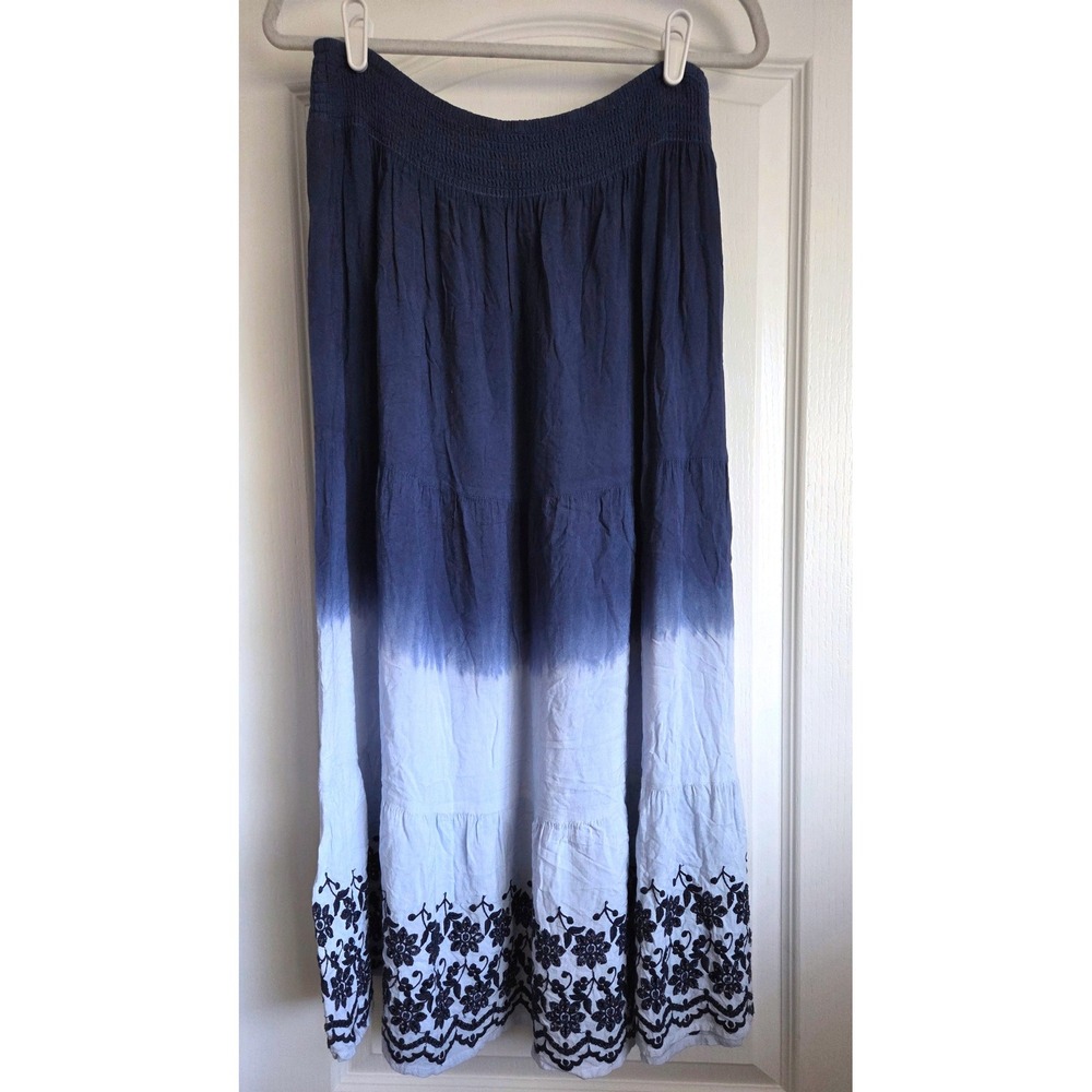 VTG Studio West Blue Ombre Eyelet Embroidered Smock Tier Maxi Broom Skirt Sz XL